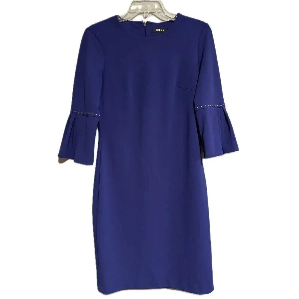 DKNY Blue Purple Knee Length Dress with Pleated Sleeves and Stud Detail